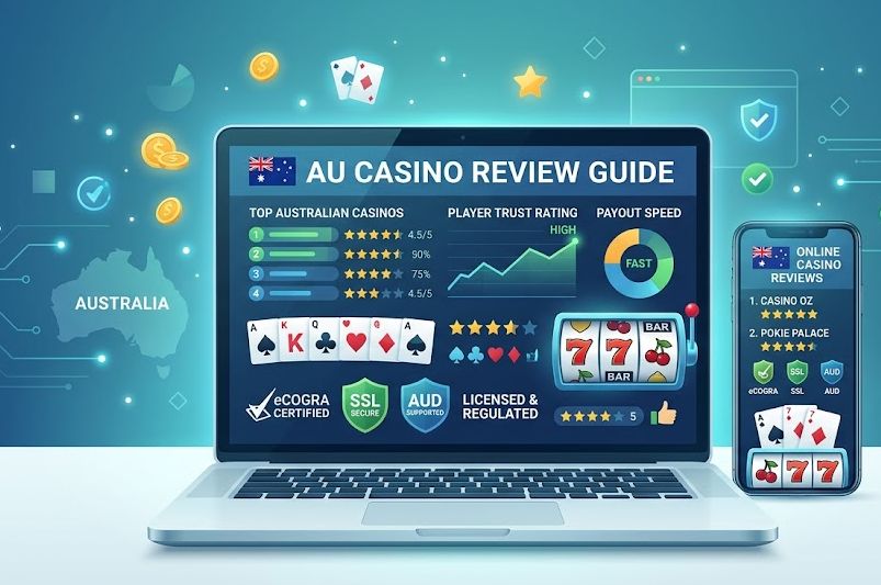 A laptop and smartphone displaying a trusted Australian online casino review guide featuring trust ratings, security badges, and payout speed metrics.